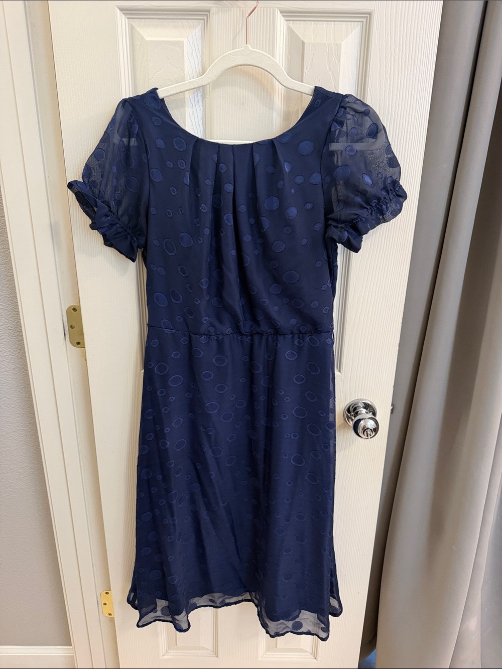 NY Collection Navy Blue Midi Dress with Puff Sleeves